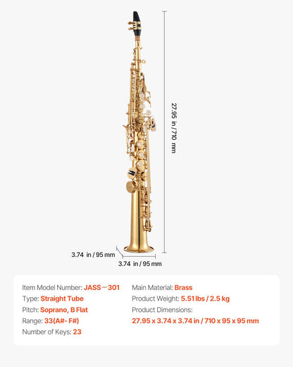 Straight Soprano Saxophone, B Flat, Brass Saxophone Beginner Kit with Carrying Case, Mouthpiece, Cleaning Cloth Rod, Gloves, Neck Strap, 23 Keys Soprano Sax Kit, for Beginners Students, Gold