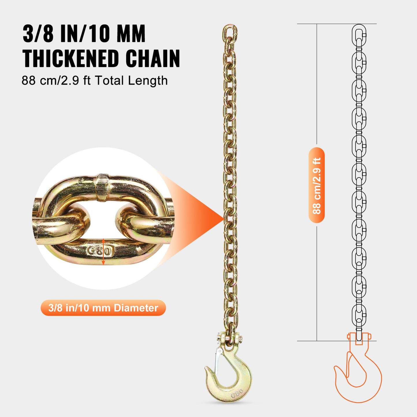 G80 Transport Binder Chain, 3/8" x 2.9' 2-Pack Tow Chain with Clevis Snap Hook, 7100 lbs Safe Working Load, Heavy Duty Logging Chain for Transporting Towing Truck Tie Down Binding Equipment