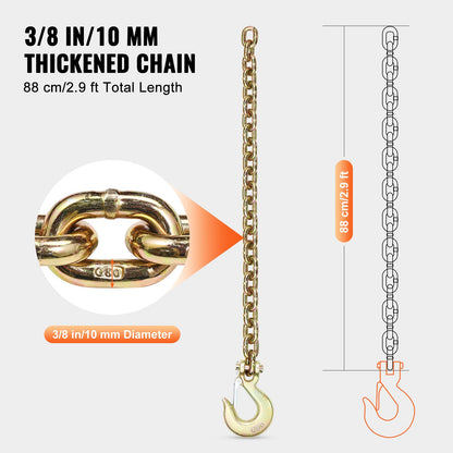 G80 Transport Binder Chain, 3/8" x 2.9' 2-Pack Tow Chain with Clevis Snap Hook, 7100 lbs Safe Working Load, Heavy Duty Logging Chain for Transporting Towing Truck Tie Down Binding Equipment