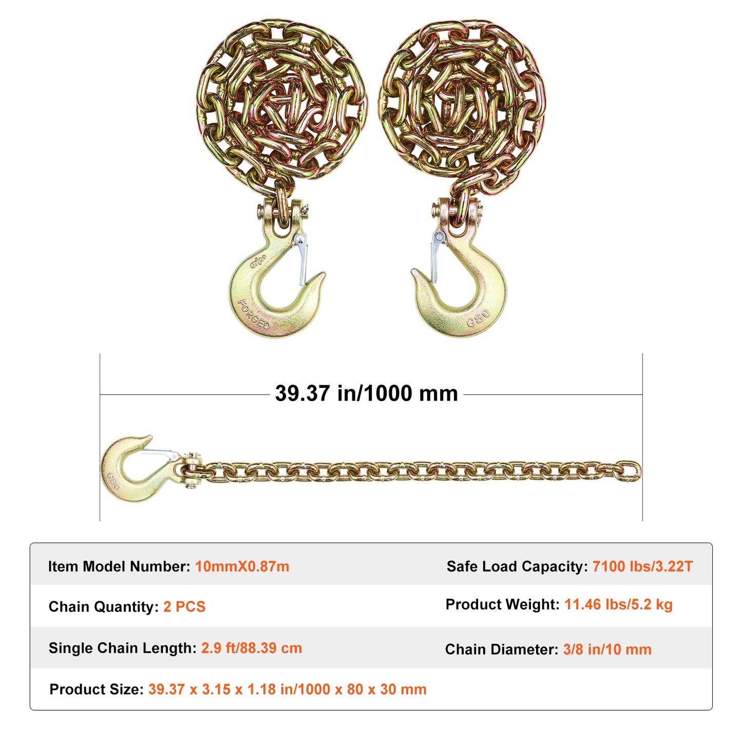 G80 Transport Binder Chain, 3/8" x 2.9' 2-Pack Tow Chain with Clevis Snap Hook, 7100 lbs Safe Working Load, Heavy Duty Logging Chain for Transporting Towing Truck Tie Down Binding Equipment