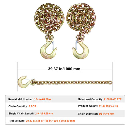 G80 Transport Binder Chain, 3/8" x 2.9' 2-Pack Tow Chain with Clevis Snap Hook, 7100 lbs Safe Working Load, Heavy Duty Logging Chain for Transporting Towing Truck Tie Down Binding Equipment