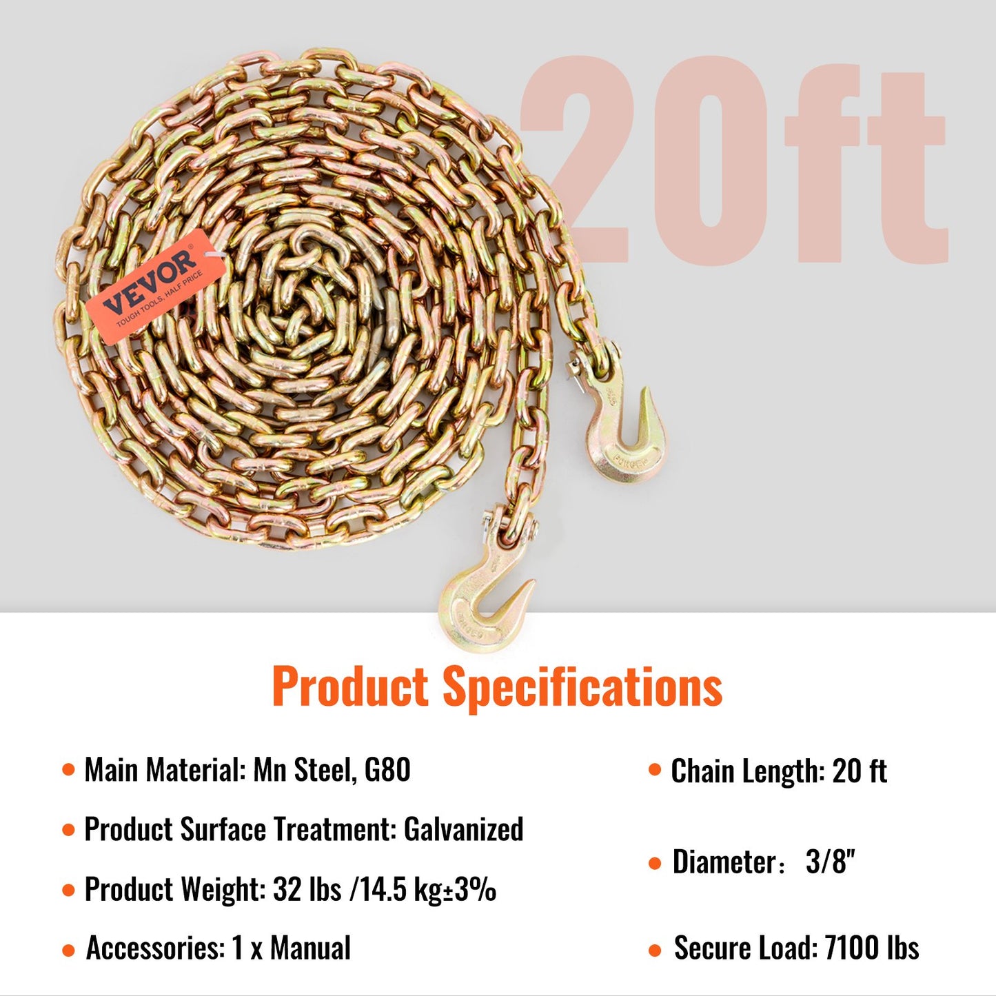 Transport Binder Chain, 3220 kg Working Load Limit, 0.95 cm x 6.1 m G80 Tow Chain Tie Down with Grab Hooks, DOT Certified, Galvanized Coating Manganese Steel for Dock Factory Construction Site