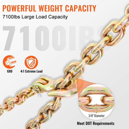 Transport Binder Chain, 3218.07 kg Working Load Limit, 9.53 mm x 6.10 m G80 Tow Chain Tie Down with Grab Hooks, DOT Certified, Galvanized Coating Manganese Steel for Dock Factory Construction Site, 2 Pack