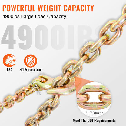 Transport Binder Chain, 4900lbs Working Load Limit, 5/16''x20' G80 Tow Chain Tie Down with Grab Hooks, DOT Certified, Galvanized Coating Manganese Steel for Dock Factory Construction Site, 2Pack