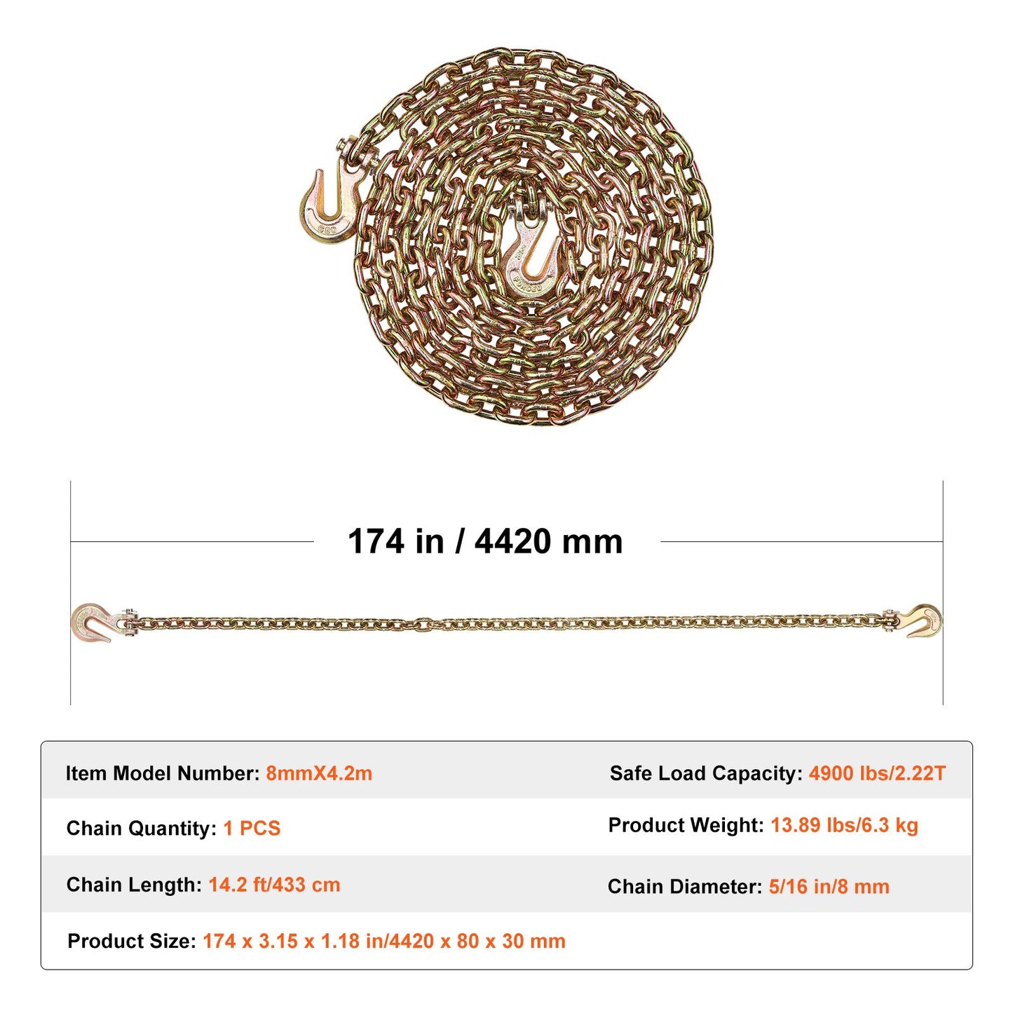 G80 Transport Binder Chain, 5/16" x 14.2' Tow Chain with Clevis Grab Hooks, 4900 lbs Safe Working Load, Heavy Duty Trailer Logging Chain for Transporting Towing Truck Tie Down Binding Equipment