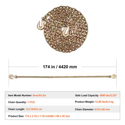 G80 Transport Binder Chain, 5/16" x 14.2' Tow Chain with Clevis Grab Hooks, 4900 lbs Safe Working Load, Heavy Duty Trailer Logging Chain for Transporting Towing Truck Tie Down Binding Equipment