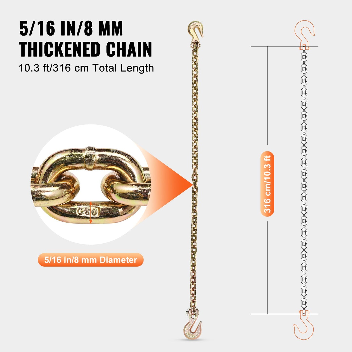 G80 Transport Binder Chain, 5/16" x 10.3' Tow Chain with Clevis Grab Hooks, 4900 lbs Safe Working Load, Heavy Duty Trailer Logging Chain for Transporting Towing Truck Tie Down Binding Equipment