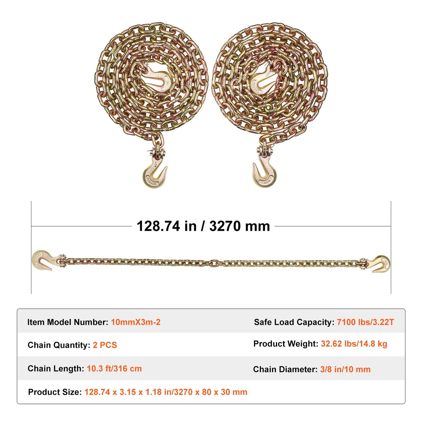 Binder Chain G80 Tie Down Tow Chain with Hooks 9.5mm x 313.9cm 2 Pack 3220.5 kg