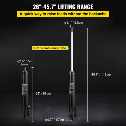 Hydraulic Long Ram Jack, 3 Tons/6600 lbs Capacity, with Single Piston Pump and Clevis Base, Manual Cherry Picker with Handle, for Garage/Shop Cranes, Engine Lift Hoist, Black