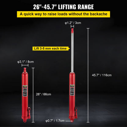 Hydraulic Long Ram Jack, 3 Tons/6600 lbs Capacity, with Single Piston Pump and Clevis Base, Manual Cherry Picker with Handle, for Garage/Shop Cranes, Engine Lift Hoist, Red
