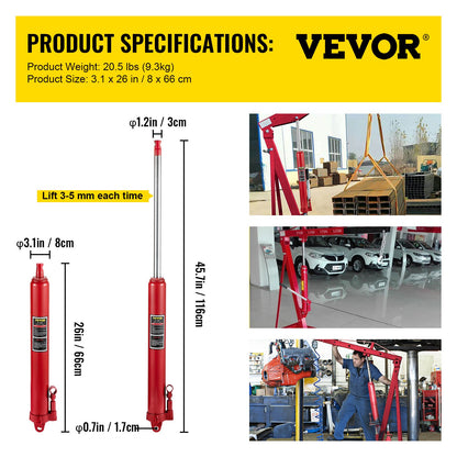 Hydraulic Long Ram Jack, 8 Tons/17363 lbs Capacity, with Single Piston Pump and Clevis Base, Manual Cherry Picker with Handle, for Garage/Shop Cranes, Engine Lift Hoist, Red