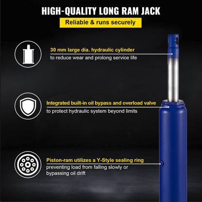 Hydraulic Long Ram Jack, 8 Tons/17363 lbs Capacity, with Single Piston Pump and Clevis Base, Manual Cherry Picker with Handle, for Garage/Shop Cranes, Engine Lift Hoist, Blue