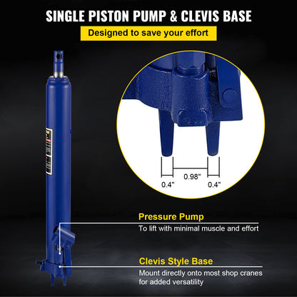 Hydraulic Long Ram Jack, 8 Tons/17363 lbs Capacity, with Single Piston Pump and Clevis Base, Manual Cherry Picker with Handle, for Garage/Shop Cranes, Engine Lift Hoist, Blue