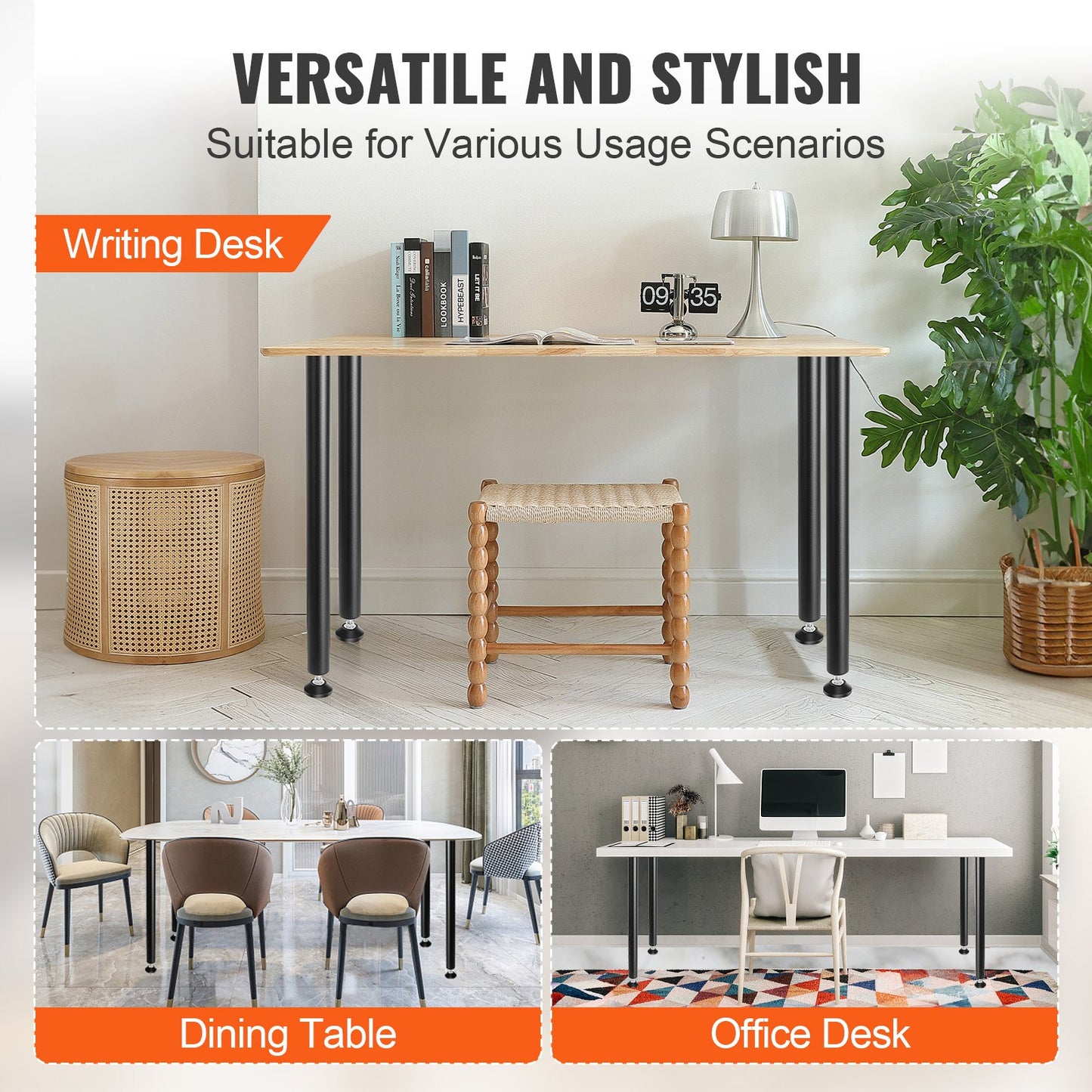 711,2 mm justerbara skrivbordsben, förstärkta stålben för kontorsbord, set om 4 för gör-det-själv, 544,3 kg lastkapacitet, kraftiga skrivbordsben, snabbmonterade ben med justerbar fotkopp, svart