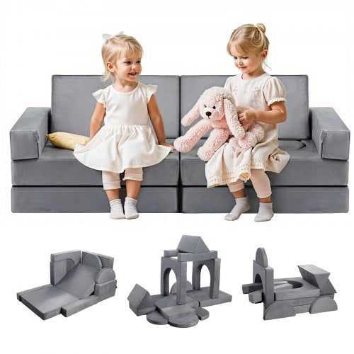 Modular Kids Play Couch, Sectional Toddler Sofa with Armrests, 28D Sponge & Short Pile, Convertible Kids Modular Couch DIY Creative Combination for Playroom, Bedroom, Living Room, 14 Pcs, Gray