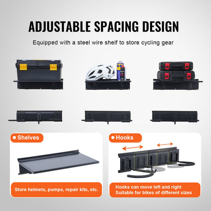 Bike Storage Rack, 6 Bike Racks and 3 Helmets Hooks, Wall Mount Bike Storage Hanger with 3 Shelves, Home & Garage Organizer, Customizable for Various Bike Sizes, Holds Up to 300 lbs, 48-inch