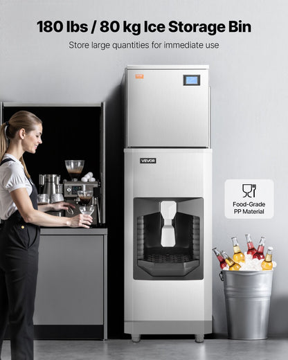 Kommersiell ismaskin, 400 lbs/dag ismaskin, 180 lbs stor isförvaringsbehållare med 20 lbs/min automatisk isdispensering, självrengörande ismaskin med pekskärm för bar, café, restaurang
