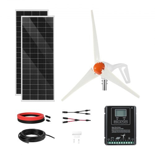 12V 400W Solar Wind Power Kit, 2PCS 100W Monocrystalline Solar Panels + 200W Wind Turbine + MPPT Wind/Solar Hybrid System Controller for Home RV Boat Camping Off-Grid Applications