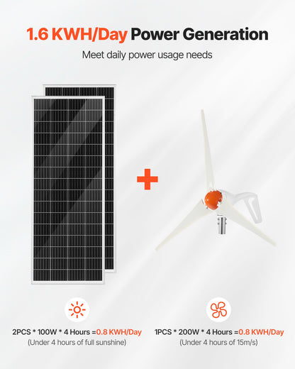 12V 400W solenergipaket för vindkraft, 2 st 100W monokristallina solpaneler + 200W vindturbin + MPPT vind-/solhybridsystemregulator för hemma, husbil, båt, camping, off-grid-applikationer