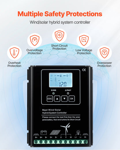12V 400W solenergipaket för vindkraft, 2 st 100W monokristallina solpaneler + 200W vindturbin + MPPT vind-/solhybridsystemregulator för hemma, husbil, båt, camping, off-grid-applikationer