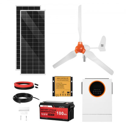12V 600W Solar Wind Power Kit, 2PCS 100W Monocrystalline Panel + 400W Wind Turbine & Controller + 12.8V 100Ah LiFePO4 Battery + 1000W Hybrid Solar Inverter for Home RV Boat Camping Off-Grid