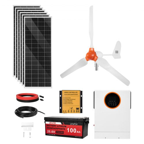 24V 1000W Solar Wind Power Kit, 6PCS 100W Monocrystalline Panel + 400W Wind Turbine & Controller + 25.6V 100Ah LiFePO4 Battery + 24V 3000W Hybrid Solar Inverter for Home Boat Cabin Farm Off-Grid