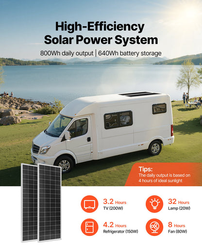 VVEVOR 200W 12V Complete Solar Power Kit, 2PCS 100W Monocrystalline Solar Panels + 12.8V 50Ah LiFePO₄ Battery + 40A Charge Controller + 800W Power Inverter, Ideal for RV Home Camping Boat Off-Grid