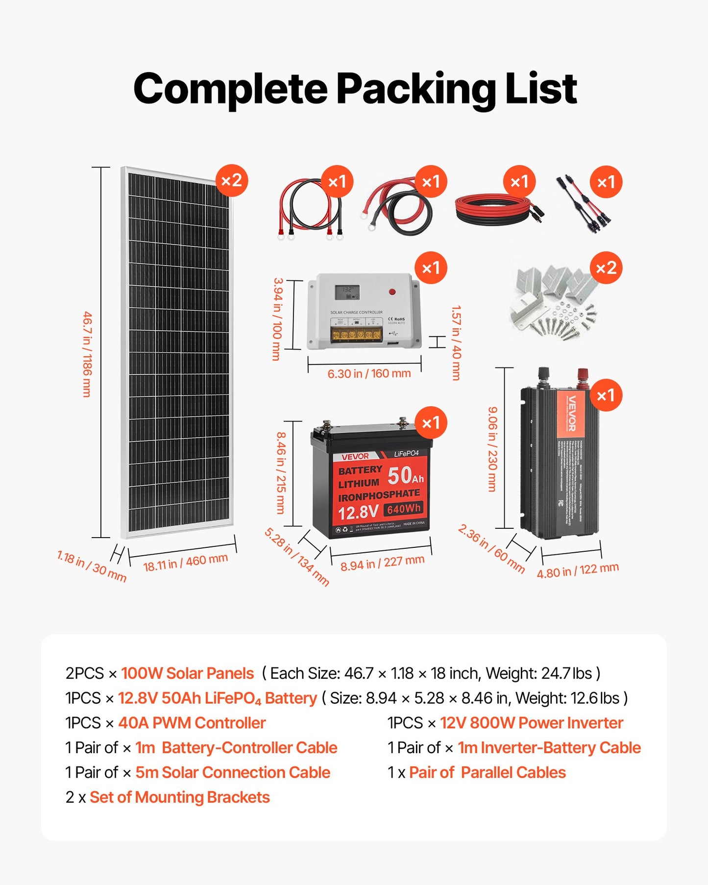 VVEVOR 200W 12V Complete Solar Power Kit, 2PCS 100W Monocrystalline Solar Panels + 12.8V 50Ah LiFePO₄ Battery + 40A Charge Controller + 800W Power Inverter, Ideal for RV Home Camping Boat Off-Grid