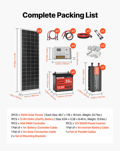 VVEVOR 200W 12V Complete Solar Power Kit, 2PCS 100W Monocrystalline Solar Panels + 12.8V 50Ah LiFePO₄ Battery + 40A Charge Controller + 800W Power Inverter, Ideal for RV Home Camping Boat Off-Grid