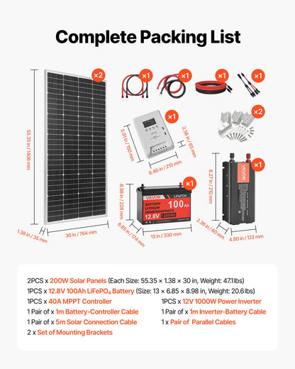 400W 12V Complete Solar Power Kit, 2PCS 200W Monocrystalline Solar Panels + 12.8V 100Ah LiFePO₄ Battery + 40A MPPT Charge Controller + 1000W Power Inverter for RV Home Camping Boats Off-Grid