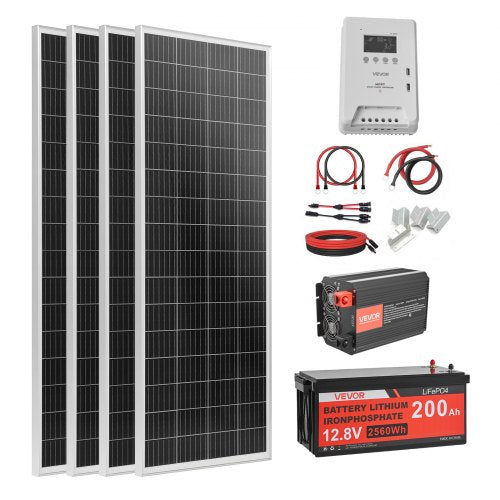 400W 12V Complete Solar Power Kit, 4*100W Monocrystalline Solar Panels + 12.8V 200Ah LiFePO₄ Battery + 40A MPPT Charge Controller + 2000W Power Inverter for RV Home Camping Boats Off-Grid
