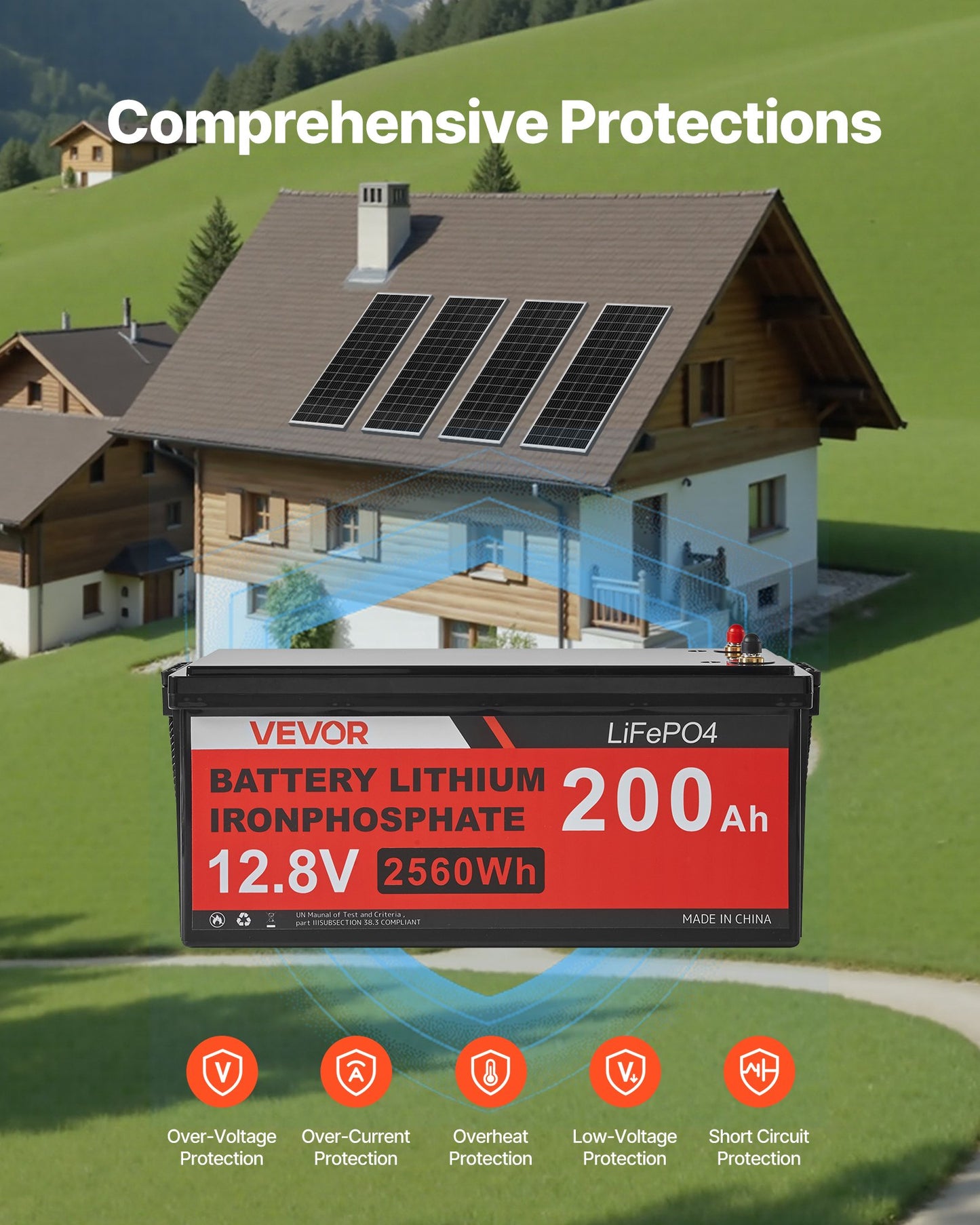 400W 12V Complete Solar Power Kit, 4*100W Monocrystalline Solar Panels + 12.8V 200Ah LiFePO₄ Battery + 40A MPPT Charge Controller + 2000W Power Inverter for RV Home Camping Boats Off-Grid