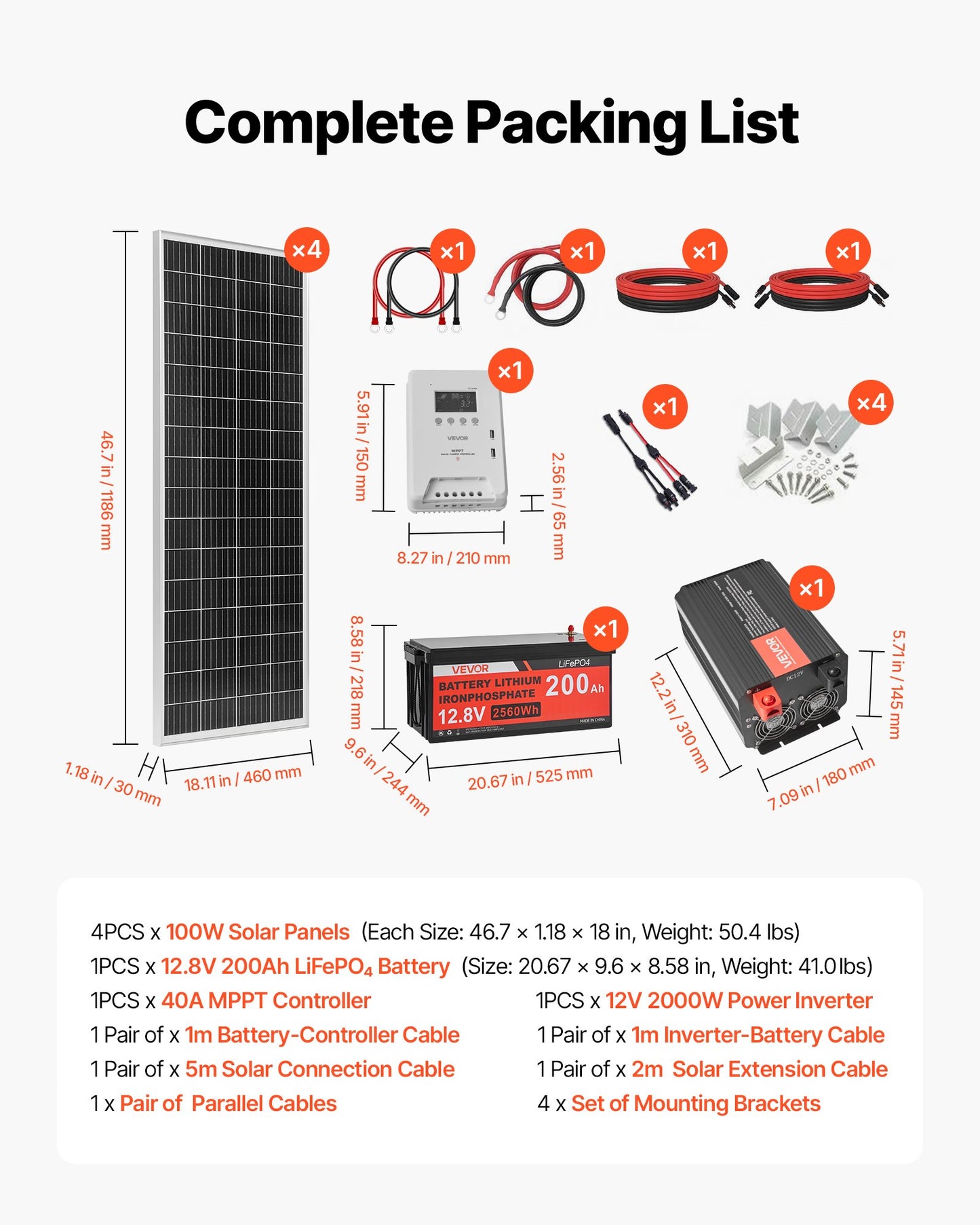 400W 12V Complete Solar Power Kit, 4*100W Monocrystalline Solar Panels + 12.8V 200Ah LiFePO₄ Battery + 40A MPPT Charge Controller + 2000W Power Inverter for RV Home Camping Boats Off-Grid