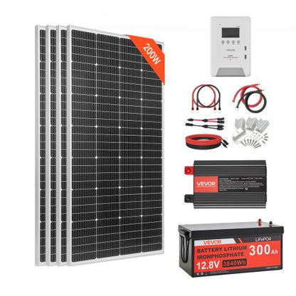800W 12V Complete Solar Power Kit, 4*200W Monocrystalline Solar Panels + 12.8V 300Ah LiFePO₄ Battery + 60A MPPT Charge Controller + 2000W Power Inverter for Home, Small Farm, Cabin, Off-Grid