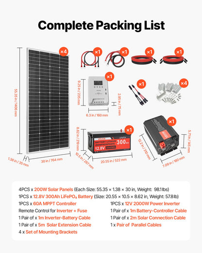 800W 12V Complete Solar Power Kit, 4*200W Monocrystalline Solar Panels + 12.8V 300Ah LiFePO₄ Battery + 60A MPPT Charge Controller + 2000W Power Inverter for Home, Small Farm, Cabin, Off-Grid
