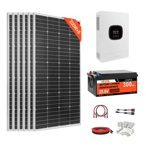 1200W 24V Complete Solar Power Kit, 6PCS 200W Monocrystalline Solar Panels + 25.6V 300Ah LiFePO₄ Battery + 24V 3600W Hybrid Inverter, High Output Off-Grid Solar Kit for Large House Shed Farm