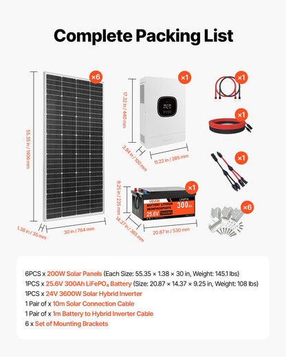 1200W 24V Complete Solar Power Kit, 6PCS 200W Monocrystalline Solar Panels + 25.6V 300Ah LiFePO₄ Battery + 24V 3600W Hybrid Inverter, High Output Off-Grid Solar Kit for Large House Shed Farm
