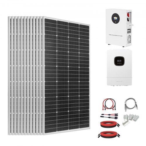 2400W 48V Complete Solar Power Kit, 12PCS 200W Monocrystalline Solar Panels + 51.2V 100Ah LiFePO₄ Battery + 48V 5000W Hybrid Inverter, High Output Off-Grid Solar Kit for Large House Shed Farm