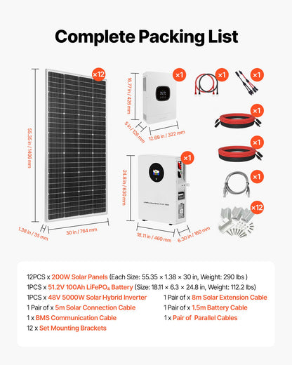 2400W 48V Complete Solar Power Kit, 12PCS 200W Monocrystalline Solar Panels + 51.2V 100Ah LiFePO₄ Battery + 48V 5000W Hybrid Inverter, High Output Off-Grid Solar Kit for Large House Shed Farm