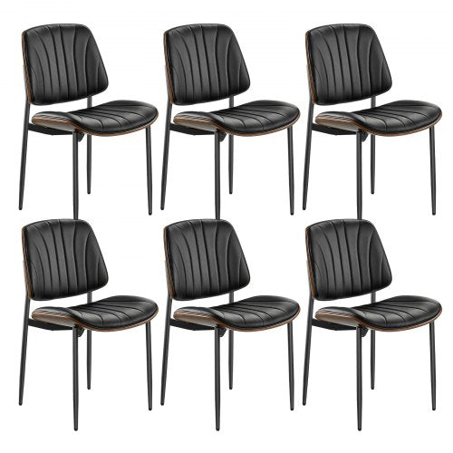 Modern Dining Room Accent Chairs Set of 6, Upholstered Leather Side Chair for Dining Tables, Space-Saving Kitchen Table Chair with Thick Cushions and Metal Legs, Black