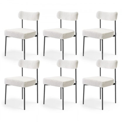 Boucle Dining Chairs Set of 6, Mid Century Modern Sherpa Accent Chairs, Upholstered Side Chair for Dining Table, Space-Saving White Kitchen Table Chair with Curved Backrest and Black Metal Legs