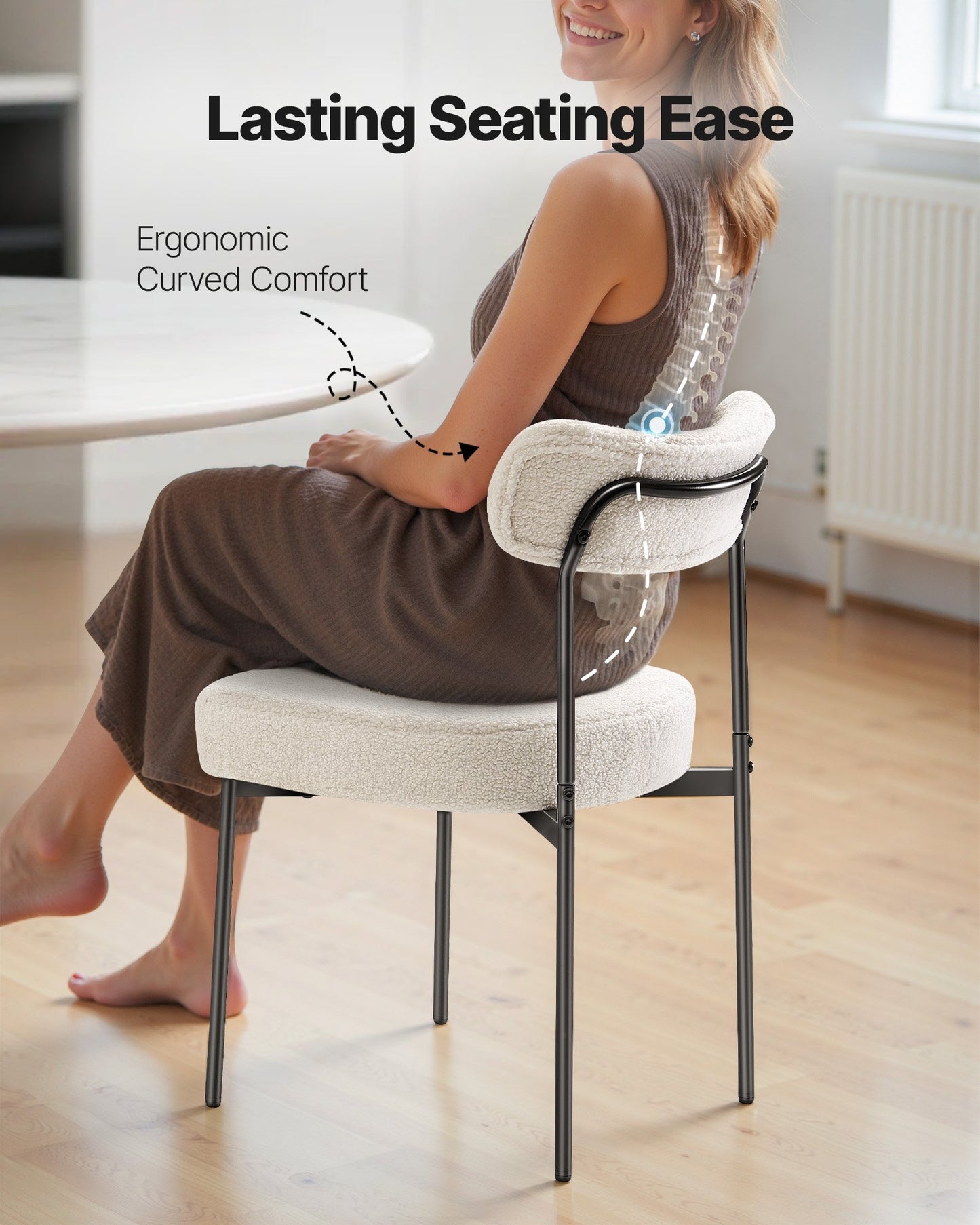 Boucle Dining Chairs Set of 6, Mid Century Modern Sherpa Accent Chairs, Upholstered Side Chair for Dining Table, Space-Saving White Kitchen Table Chair with Curved Backrest and Black Metal Legs