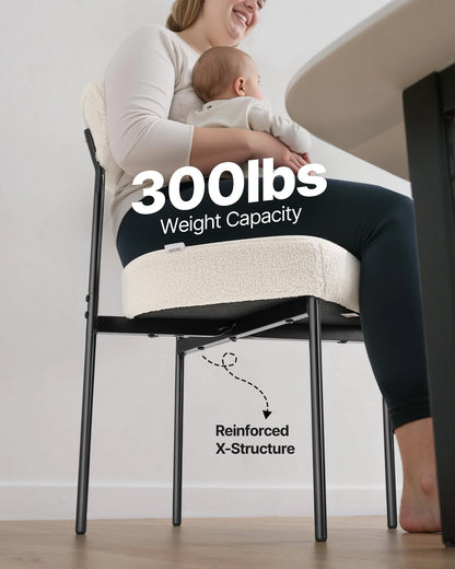 Boucle Dining Chairs Set of 6, Mid Century Modern Sherpa Accent Chairs, Upholstered Side Chair for Dining Table, Space-Saving White Kitchen Table Chair with Curved Backrest and Black Metal Legs