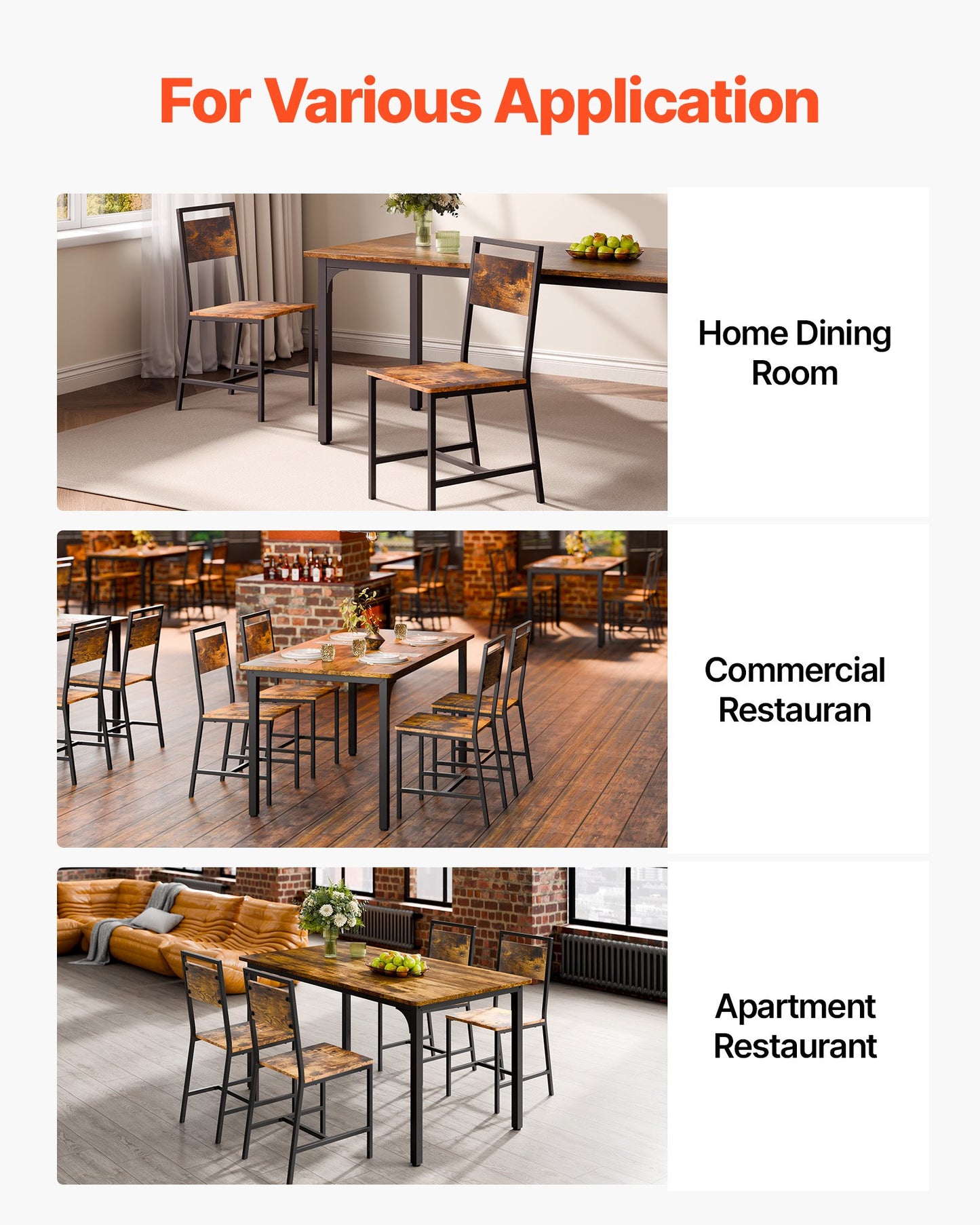 Dining Chairs Set of 4, Wooden Table Chairs with Metal Frame and Backrest, Easy to Assemble Leather Side Chair, Modern Farmhouse Walnut Chair for Kitchen Living Room, Rustic Brown and Black