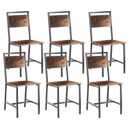 Dining Chairs Set of 6, Wooden Table Chairs with Metal Frame and Backrest, Easy to Assemble Leather Side Chair, Modern Farmhouse Walnut Chair for Kitchen Living Room, Rustic Brown and Black