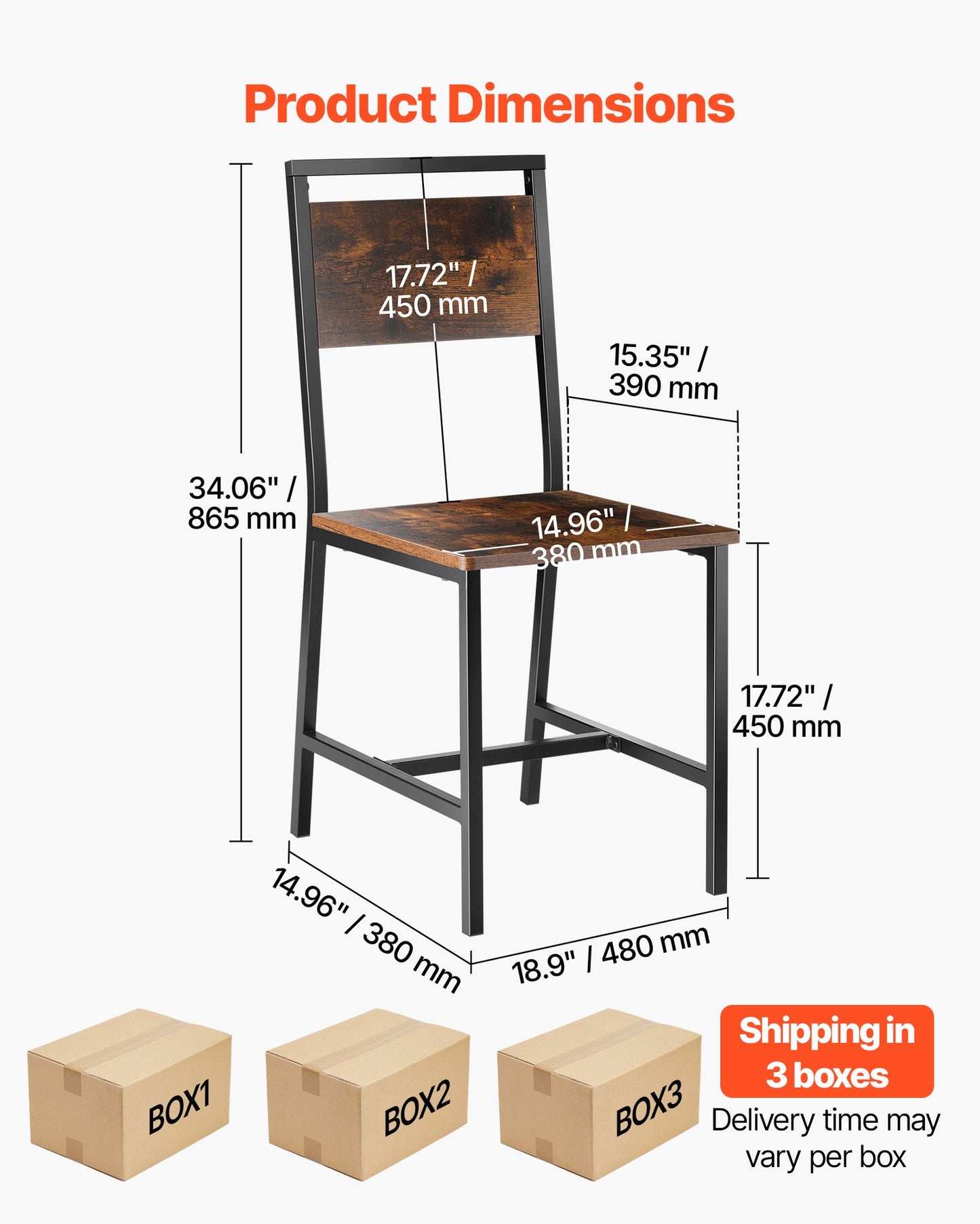 Dining Chairs Set of 6, Wooden Table Chairs with Metal Frame and Backrest, Easy to Assemble Leather Side Chair, Modern Farmhouse Walnut Chair for Kitchen Living Room, Rustic Brown and Black
