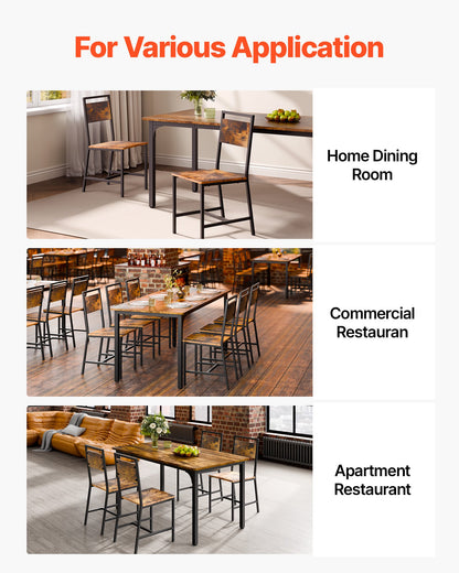 Dining Chairs Set of 6, Wooden Table Chairs with Metal Frame and Backrest, Easy to Assemble Leather Side Chair, Modern Farmhouse Walnut Chair for Kitchen Living Room, Rustic Brown and Black