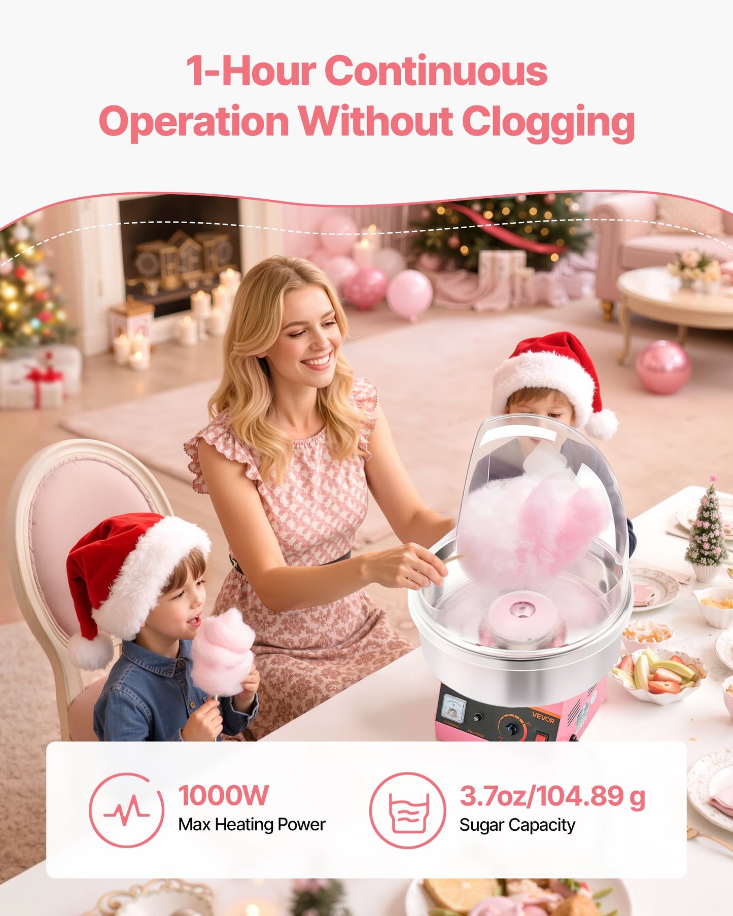 Electric Cotton Candy Machine, 1000W Commercial Floss Maker With Cover, Commercial Cotton Candy Machine w/Stainless Steel Bowl & Sugar Scoop, Ideal for Carnival, Birthday, Family Party, Pink
