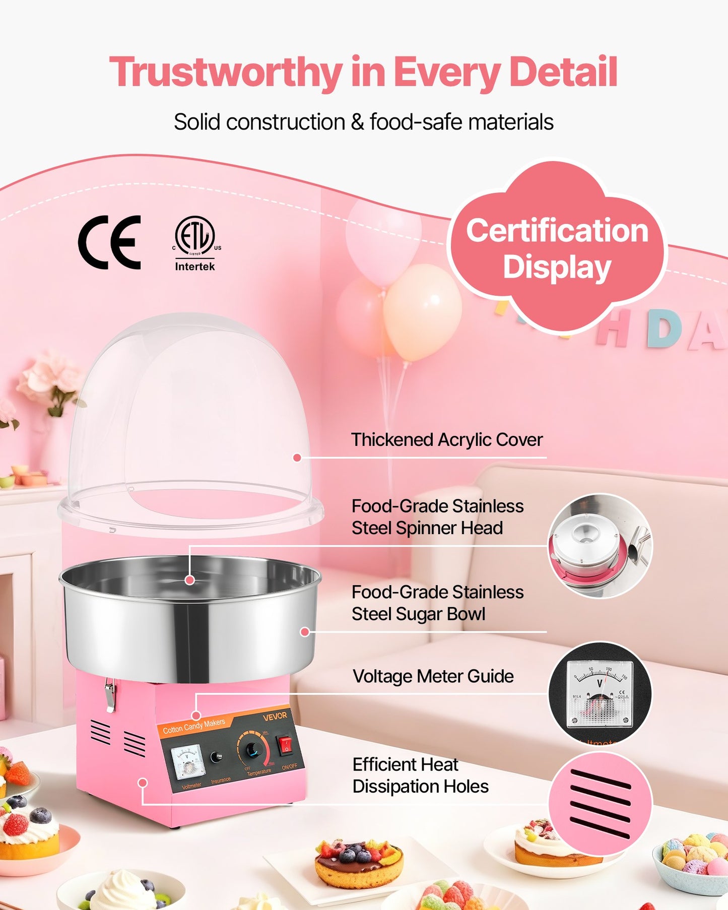 Electric Cotton Candy Machine, 1000W Commercial Floss Maker With Cover, Commercial Cotton Candy Machine w/Stainless Steel Bowl & Sugar Scoop, Ideal for Carnival, Birthday, Family Party, Pink