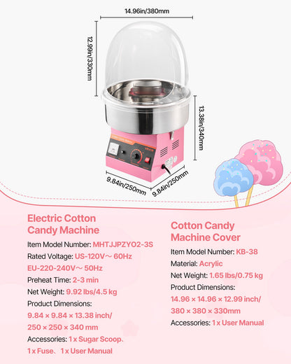 Electric Cotton Candy Machine, 1000W Commercial Floss Maker With Cover, Commercial Cotton Candy Machine w/Stainless Steel Bowl & Sugar Scoop, Ideal for Carnival, Birthday, Family Party, Pink